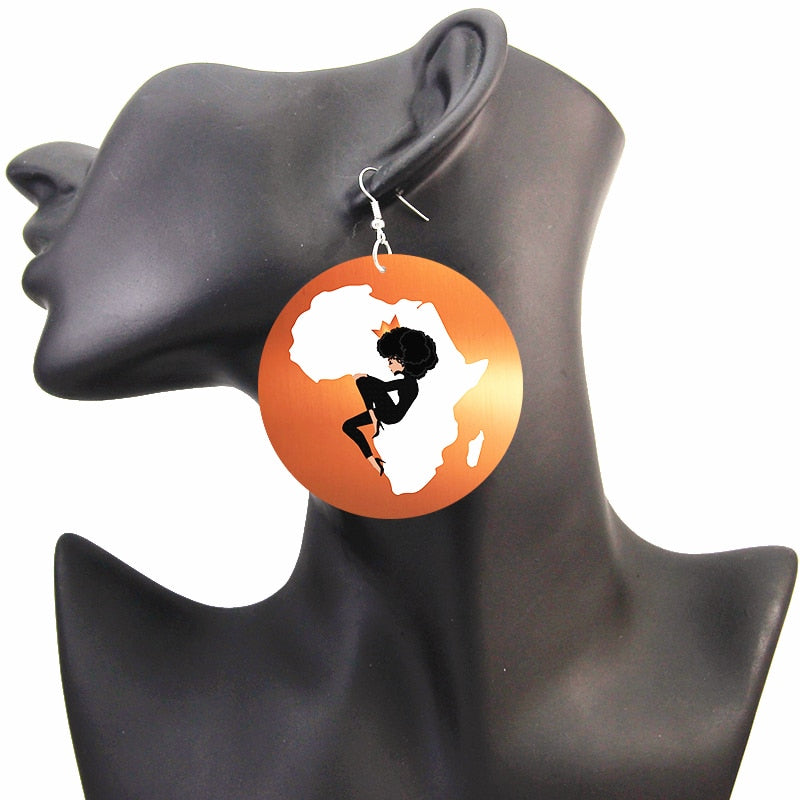 African Map Wood Earrings